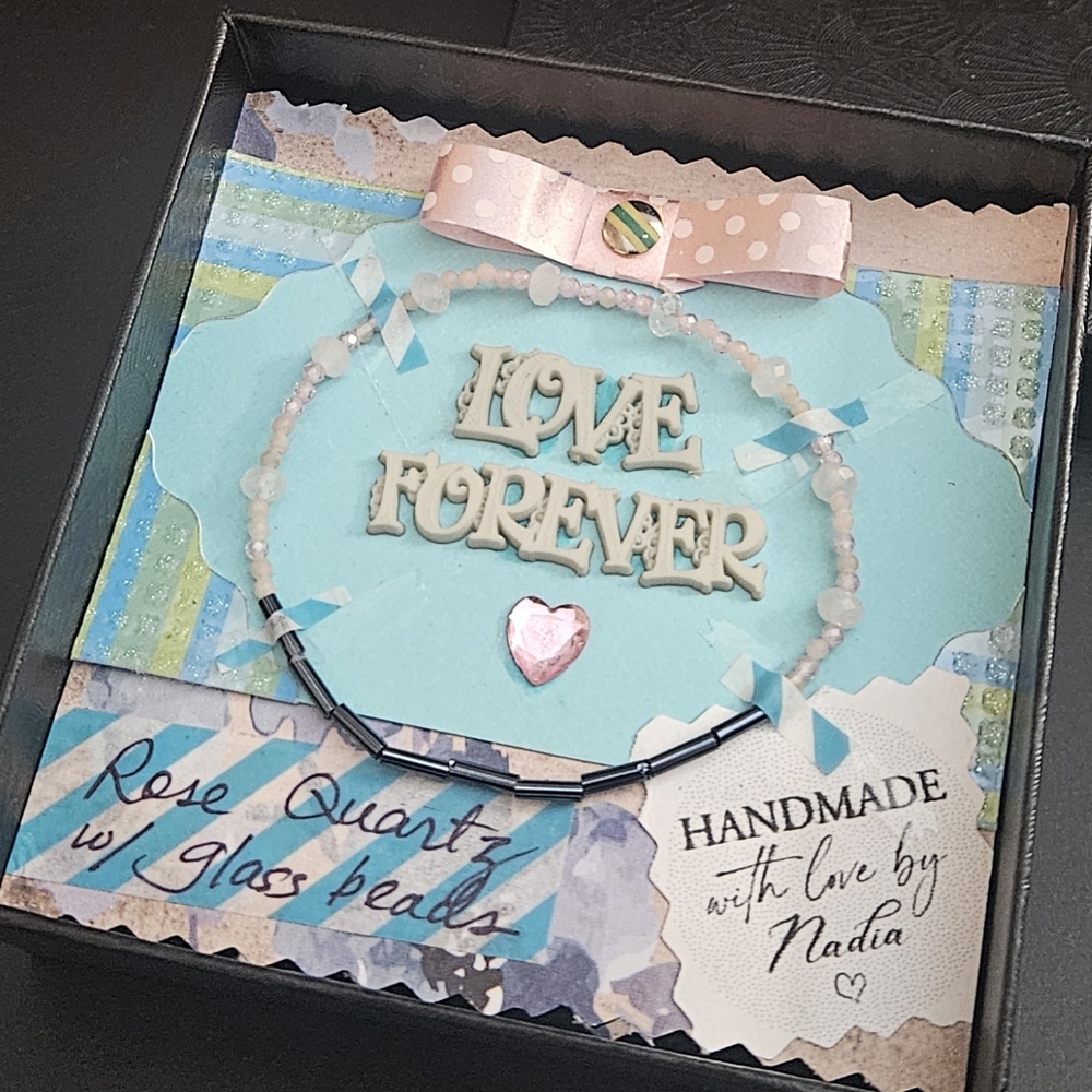 Handmade Love Forever Rose Quartz Stretch Bracelet Scrapbook Style OOAK Gift